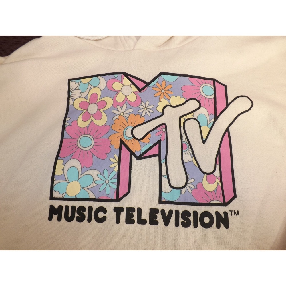 MTV Women's Pullover Cream Hoodie floral Hood - Size Medium Long sleeves - Picture 10 of 13